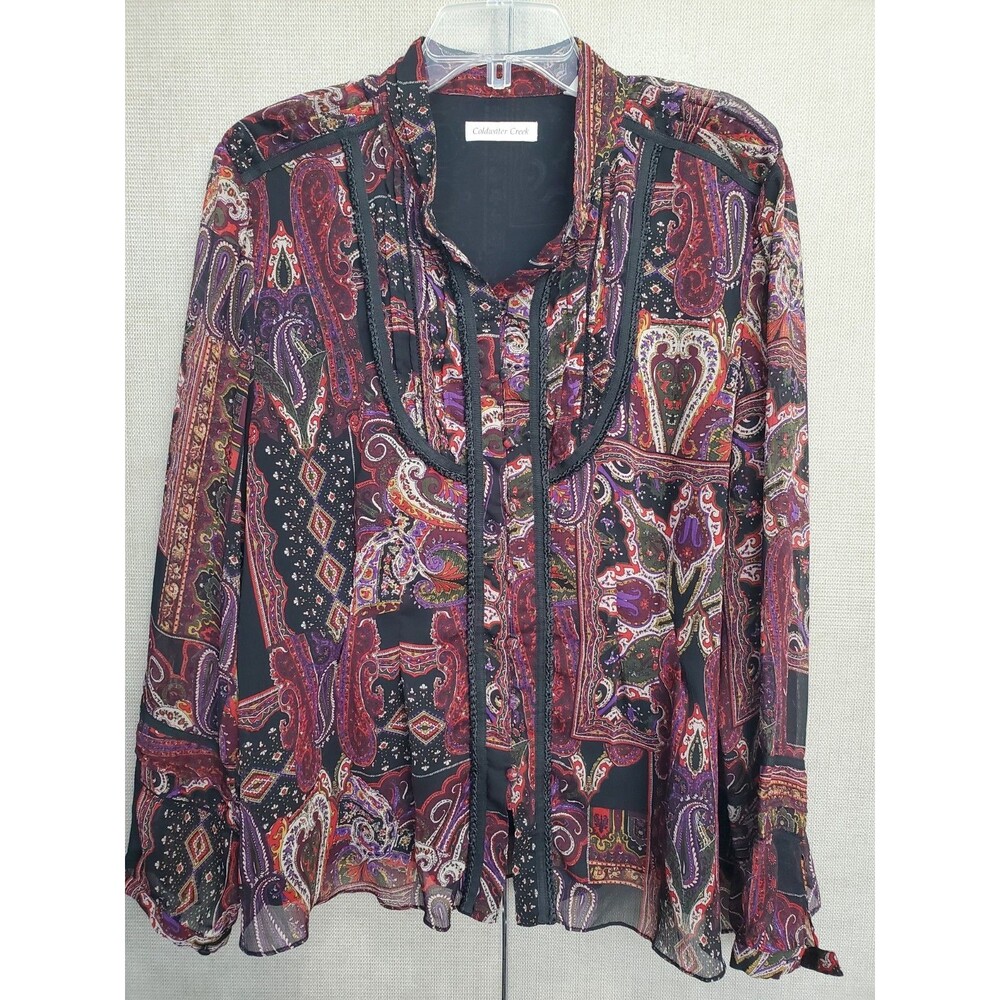 Coldwater Creek Pintucked Paisley Lace-Trim Lined Button-Up Tunic Size XL